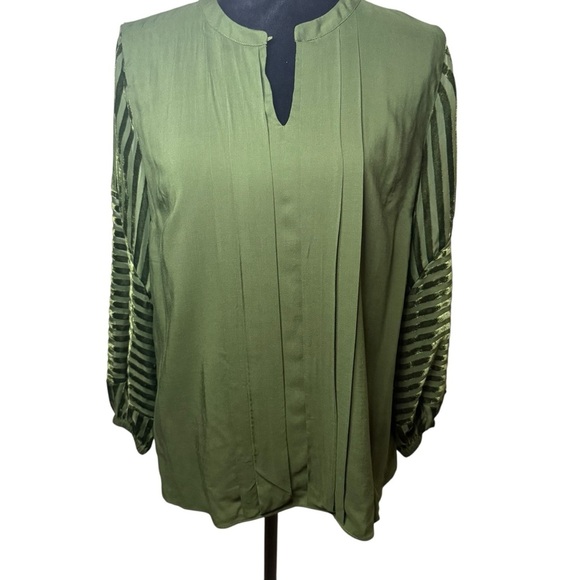 Soft Surroundings | Dark Green Balloon Sleeve Blouse with Velvet Stripe Sleeves - Picture 2 of 8